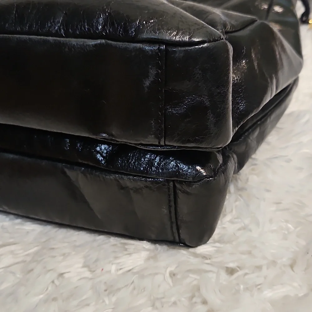 Badgley Mischka Black Patent Leather Tote Bag‎ Gold Buckle Shoulder Bag